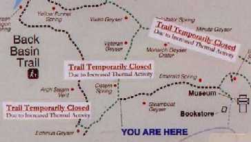 Map of closed trails in Yellowstone Park due to supervolcano.